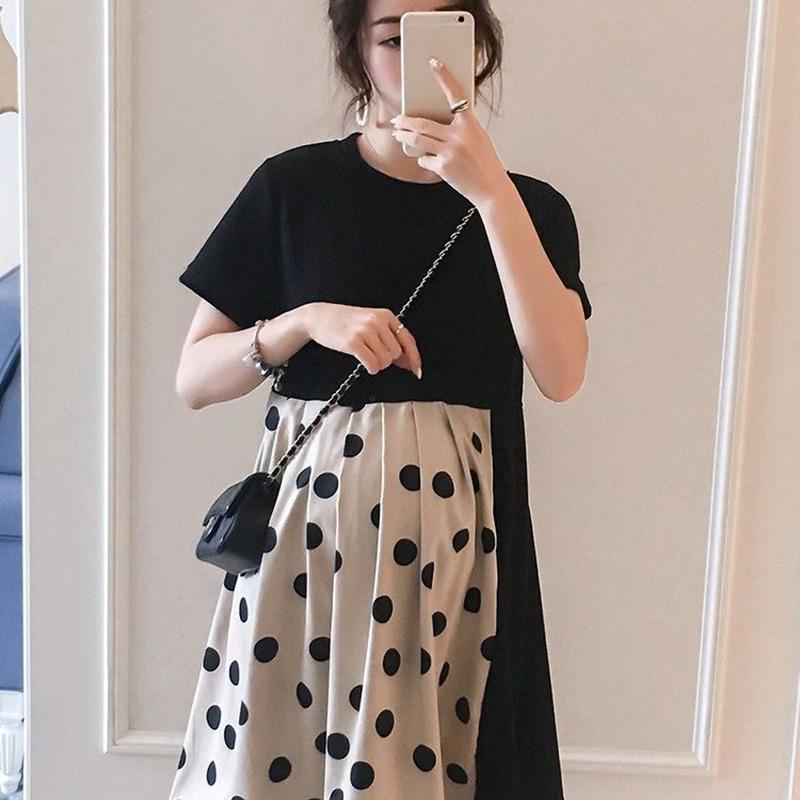 Maternity Clothes Short Sleeve Dress Mid-length Black Dots Loose Plus Size Maternity  Round Neck Skirt