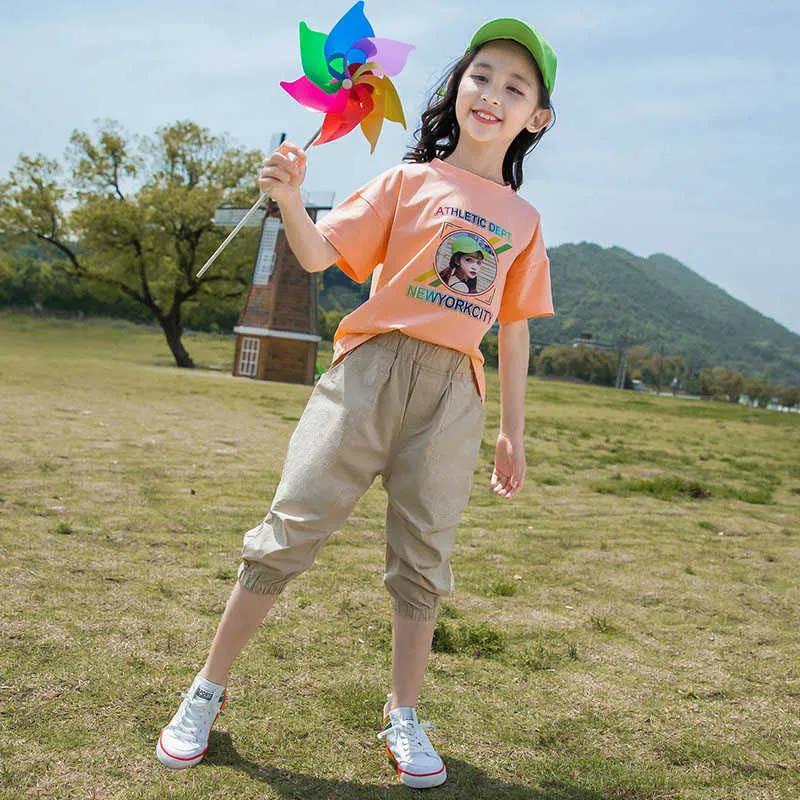 Girls Summer Short-sleeved Plaid Cropped Pants Sports Suit Children's Cute Breathable Sweat-absorbing Comfortable Two-piece Suit