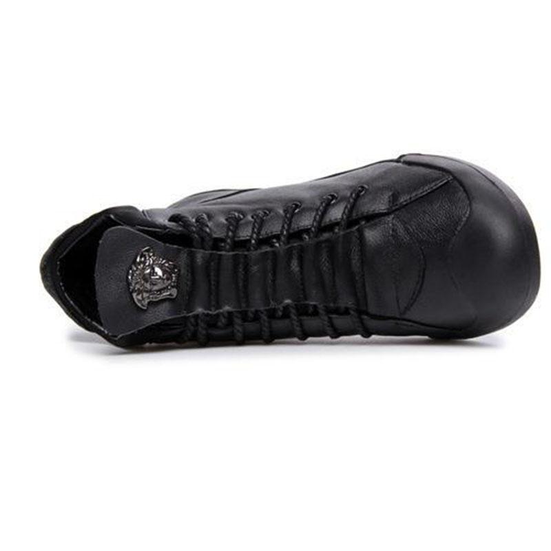 Women's Medieval Vintage Genuine Leather Boots Plus Velvet Flat Heel Boots Waterproof Slip on Shoes Ladies Winter Pointed Toe Ankle Boots