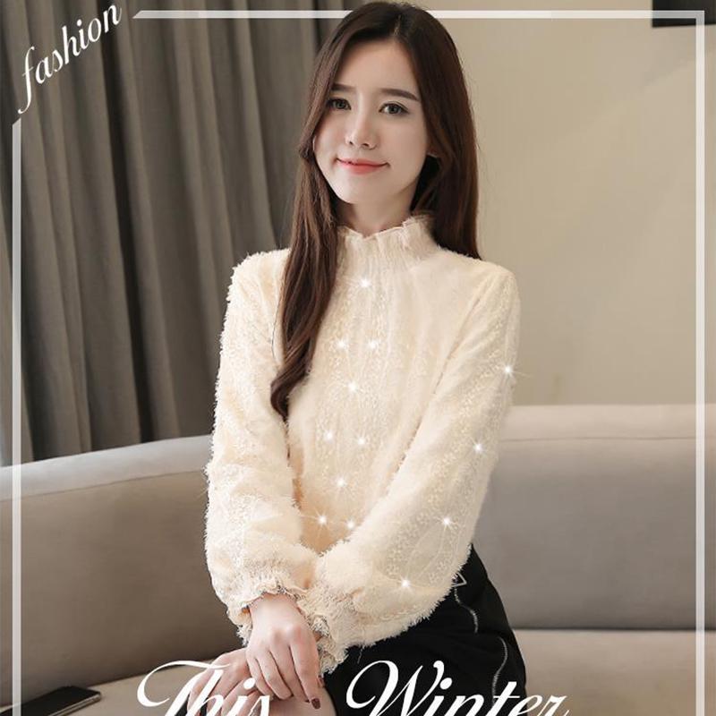 Lace Bottoming Shirt Autumn and Winter Fashion Trend Chiffon Shirt Flocking Blouse