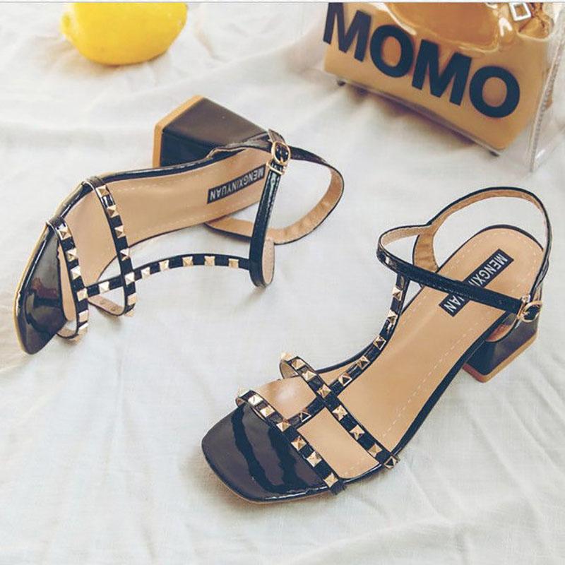Women's Summer Sandals Fashion All-match Women's Shoes Rivet Chunky Heels with A Word Strap High Heels