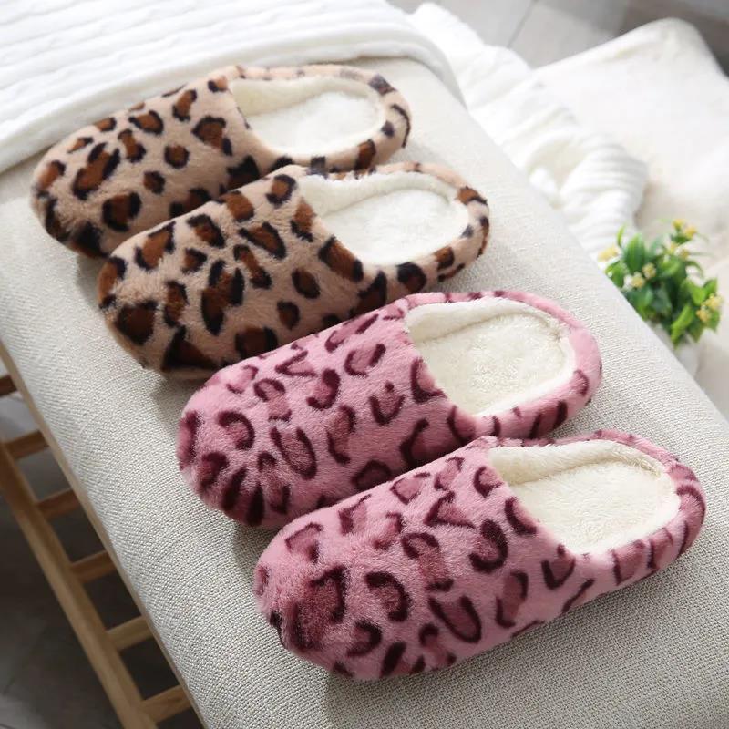 Women Autumn Winter Indoor Slippers Warm Plush Home Leopard Print Slipper Female Household Flat Floor Soft Slient Slippers for Bedroom