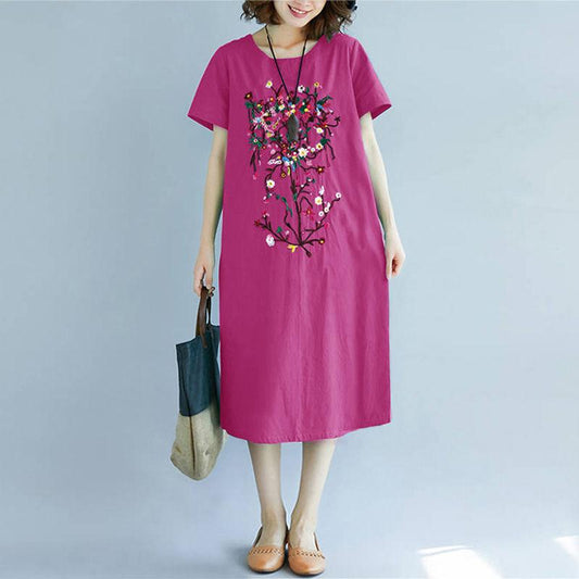 Women's Retro Loose Mid-length Dress O-neck Short-sleeved Loose Slimming Ethnic Style Covering Belly Fat Sister Loose Casual Dress