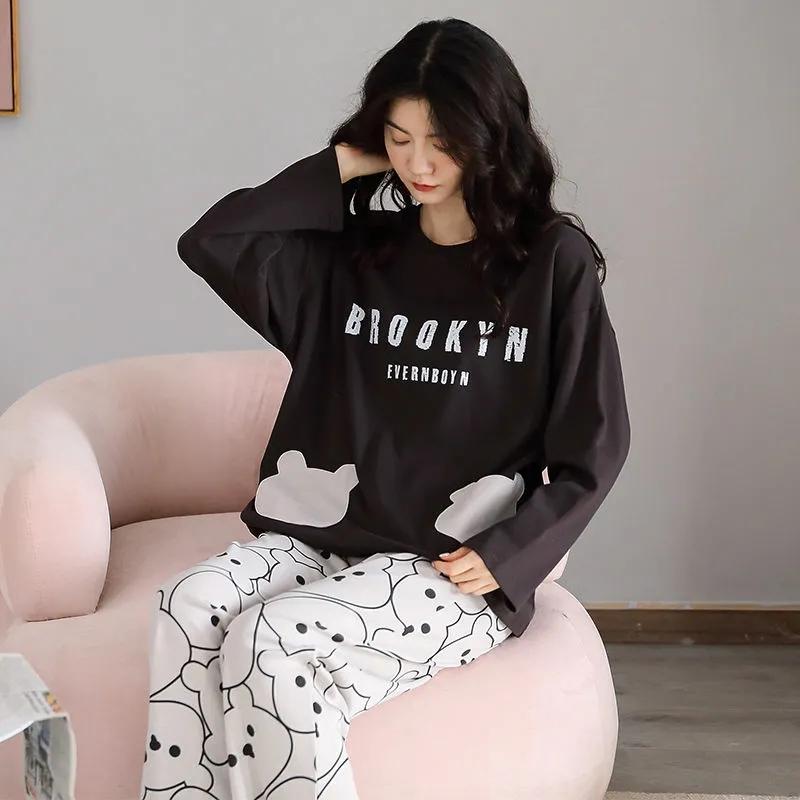 Women's Pajamas Suit Autumn Winter Pyjamas Set Long Sleeve Sleepwear Loose Casual Home Wear Pullover Cute Nightwear Tops and Pants Sets Round Neck