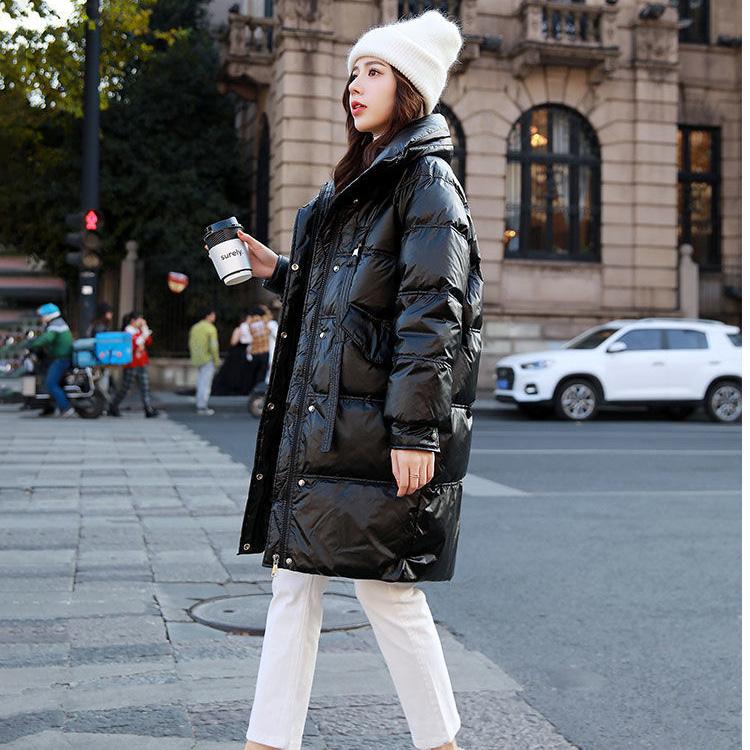 Winter Down Jacket Women's Mid-length Korean Version of The Shiny Loose Thick Temperament Lightweight White Duck Down Jacket