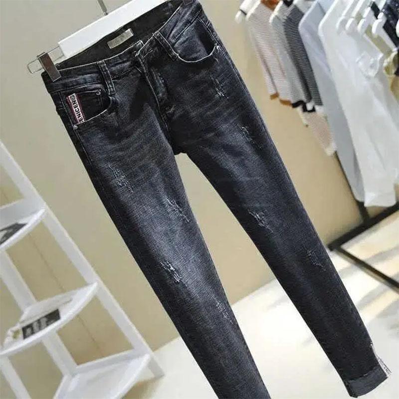 Women's Spring and Summer High Waist Jeans Korean Style Pencil Pants Ripped Jeans Student Pencil Nine-point Pants