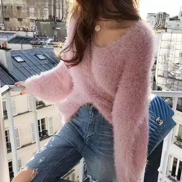 Fashion and Popular Korean Version of Thin Women's Sweater Solid Color Loose V-neck Long-sleeved Pullover Plush Sweater Top