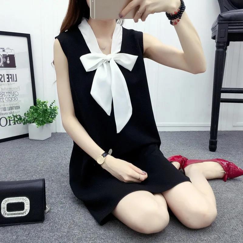 Chiffon Big Bow Vest Large Size M-XXXXL Women's Summer Dress Sleeveless Round Neck Knee-length Daily Wear Office Dating Party Workplace