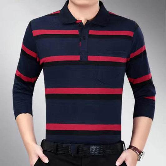 Spring Men's Polo Shirt Striped Long Sleeve T-Shirt Casual Lapel Solid Color Top Real Pocket High Quality Shirt Polo