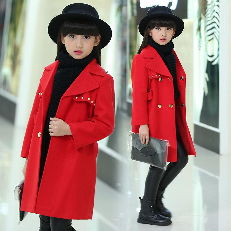 Festive Christmas Clothes Girls Coat Children's Woolen Coat Mid-length Red Fashion Thick Winter Clothes