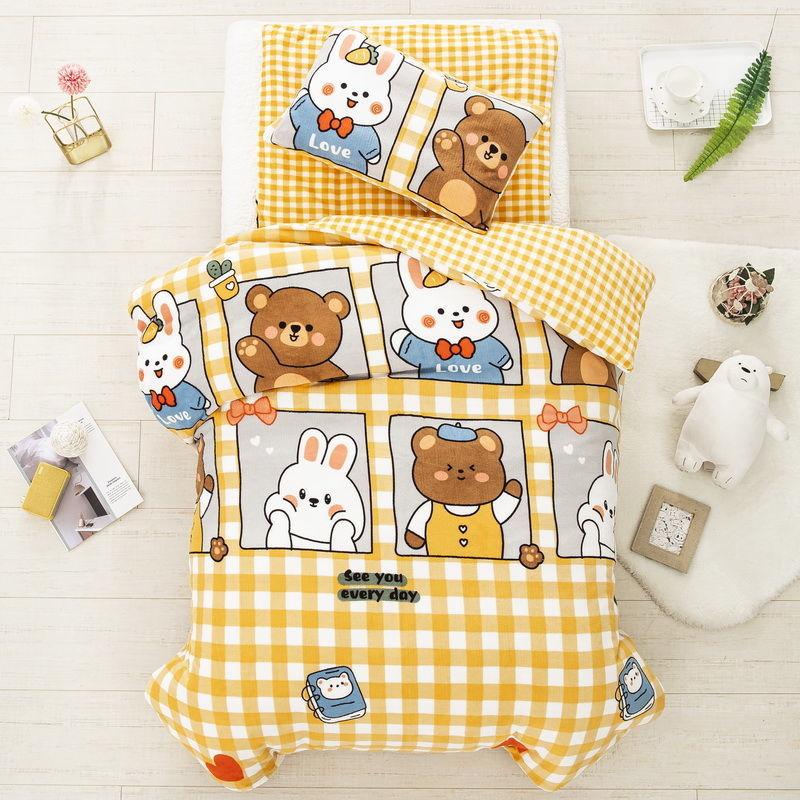 Fall/Winter Double-sided Milk Velvet Three-piece Quilt for Kindergarten Children's Nap Quilt Plus Velvet Thick Quilt Cover Removable and Washable