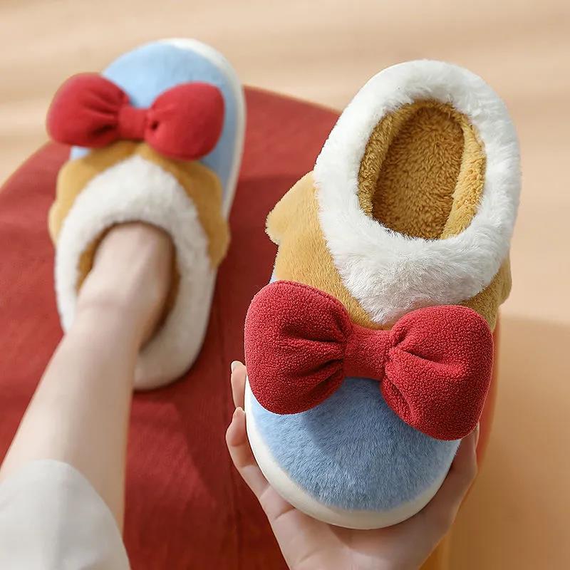 Autumn and Winter Bowknot Cotton Slippers Non-slip Flat Shoes Casual Fashion Cute