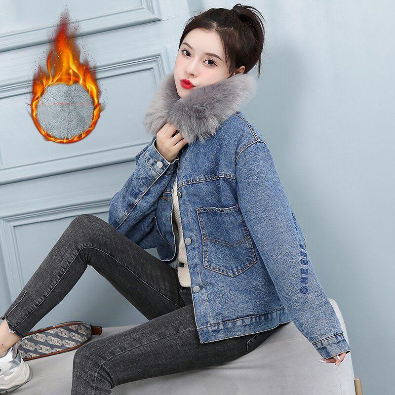 Big Fur Collar Short Padded Jacket Women Plus Velvet Thick Denim Jacket Loose Warm and Comfortable Cotton Coat