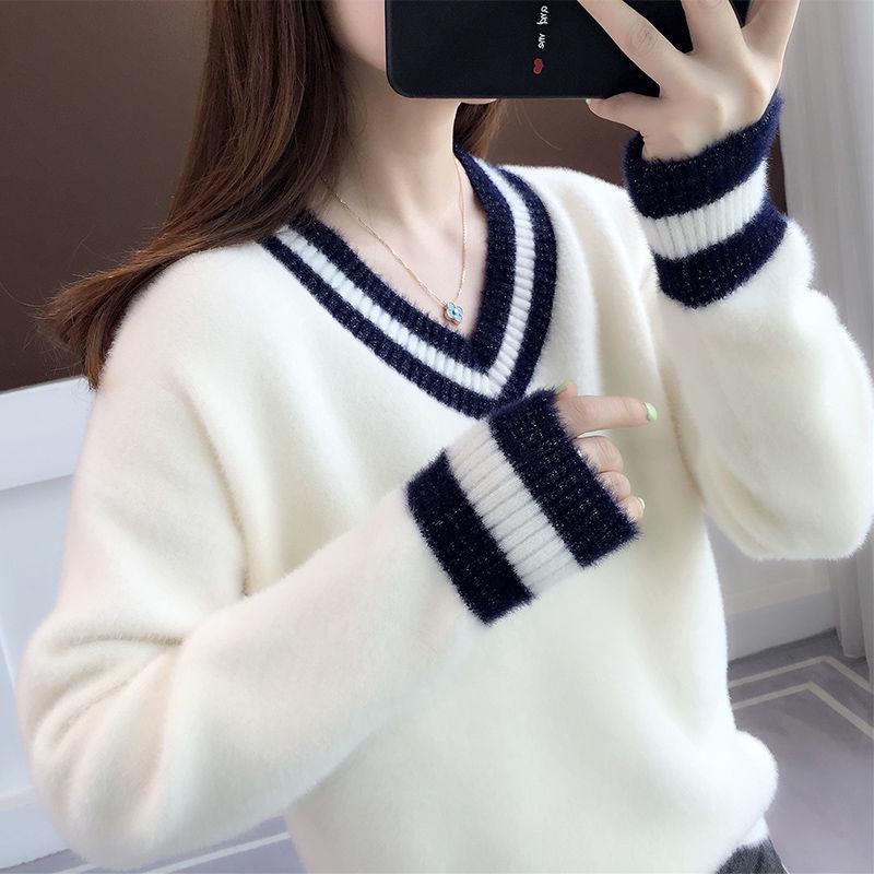 Autumn and Winter Mohair Thick Sweater Short V-neck Loose Coat Long Sleeve All-match Female Top