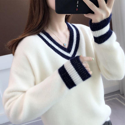 Autumn and Winter Mohair Thick Sweater Short V-neck Loose Coat Long Sleeve All-match Female Top