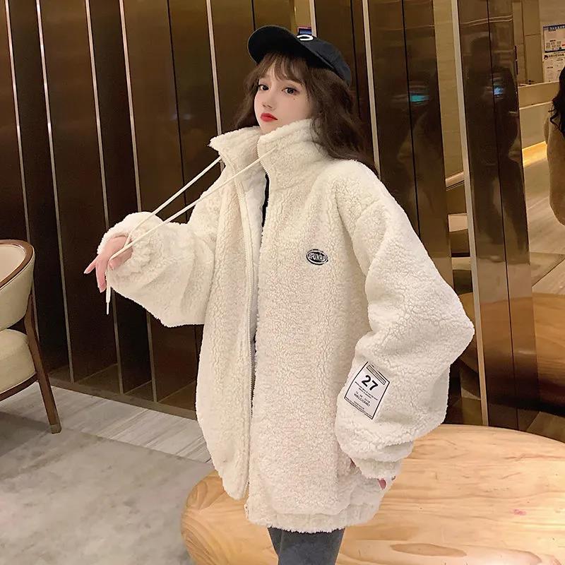 Winter Women's Plus Fleece Stand Collar Polar Fleece Jacket Korean Version Plus Cotton Thick Mid-length Lamb Fleece Jacket