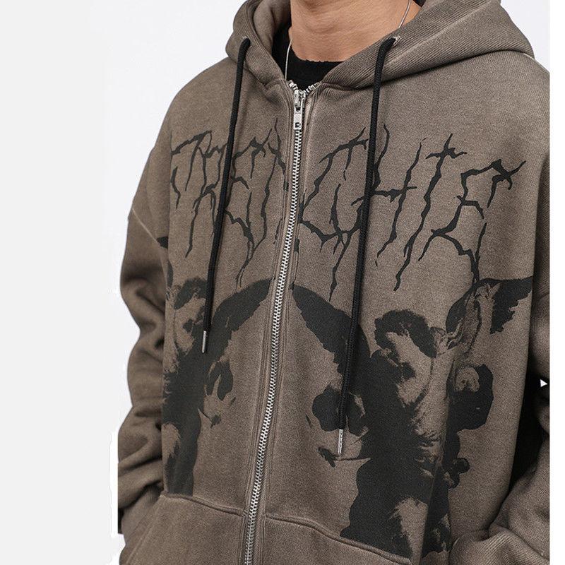 Men's Hip-hop Streetwear Hooded Jacket Angel Dark Print Jacket Jacket Harajuku Cotton Fleece Autumn and Winter Jacket Jacket Zipper