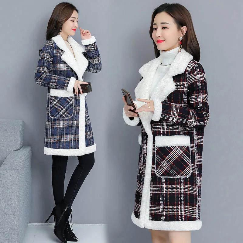 Plush Thickened Lamb-like Woolen Sweater Women's Mid-length Autumn and Winter Print Loose Warm Quilted Jacket Women