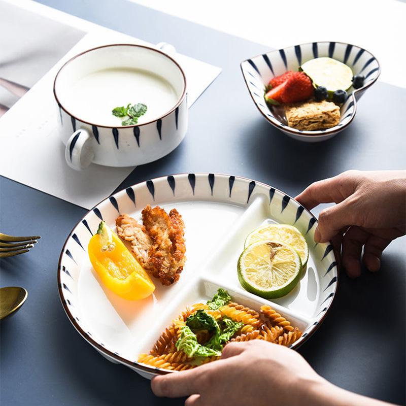 Ceramic Divided Plate for Children's Home Adult Fat-reducing Plate for Weight Loss Three Grid Plate for One Person