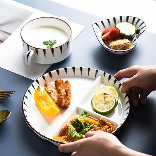 Ceramic Divided Plate for Children's Home Adult Fat-reducing Plate for Weight Loss Three Grid Plate for One Person