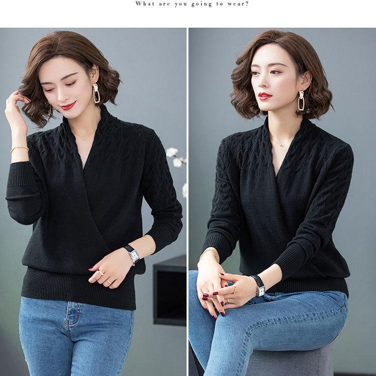 Women's Solid Color Woollen Sweater Loose Plus Size Cross V-neck Sweater Pullover Wool Knit Jumper