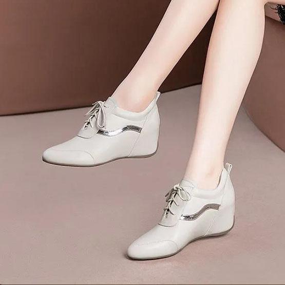 Women's Autumn Inner Heightening Single Shoes Versatile Thick Heel Round Head Soft Leather Wedge-soled Shoes