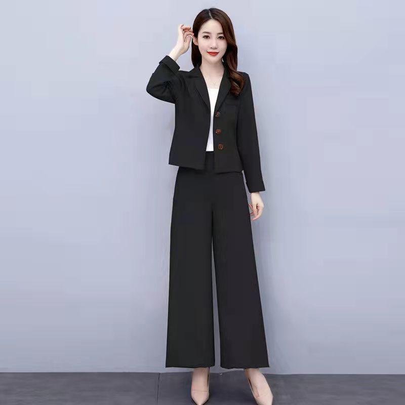 2PCS Women's Loose Wide Leg Pants Suit Spring/Autumn Fashion Casual Western Style Short Two-piece Set Elegant Trend Solid Sets Ladies Solid Color Suit