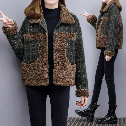 Lamb Wool Stitching Short Coat 2021 Autumn and Winter Plaid Wool Short Coat Cotton-padded Jacket Women