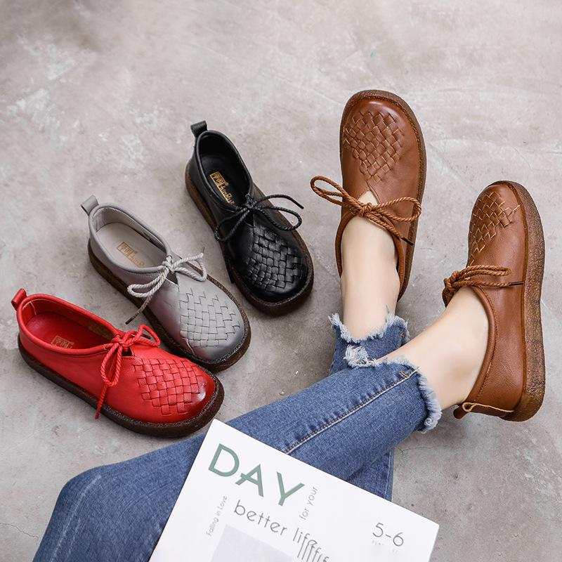 Retro Women Loafers Genuine Leather Flat Shoes Slip On Soft and Comfortable Lace Up Casual Shoes for Ladies