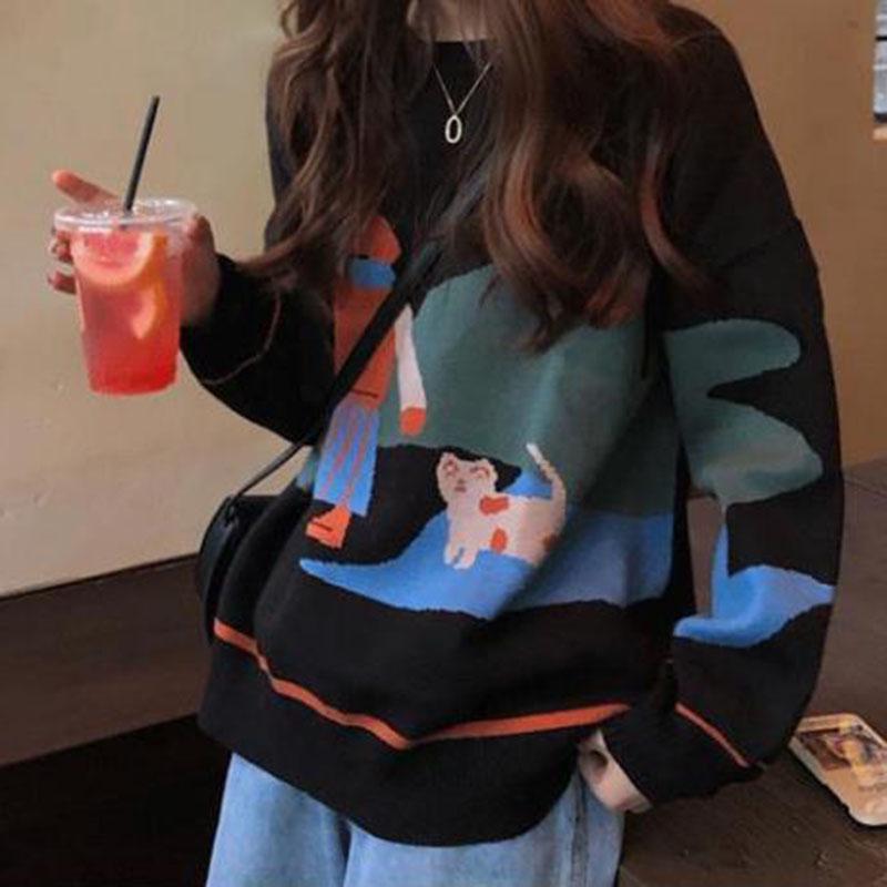 Vintage Autumn Winter Women Cartoon  Printed Sweater Student Loose Casual Pullover Sweater All-match Knitwear Coat Outer Wear