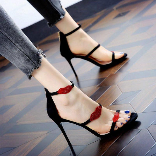 Fashion rhinestone women's shoes waterproof sandals sexy red lips high heels women's fine heels
