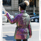 Women's Bright Print Short Down Jacket Winter Korean Loose Quilted Jacket Casual Stand-up Collar Hooded Down Jacket Quilted Jacket