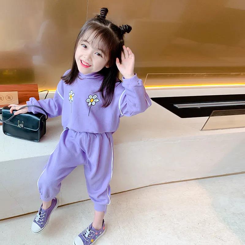 Girls Spring and Autumn Clothes Suit Printed Hooded Sweater Suit Casual Loose Sets Korean Two-piece Suit