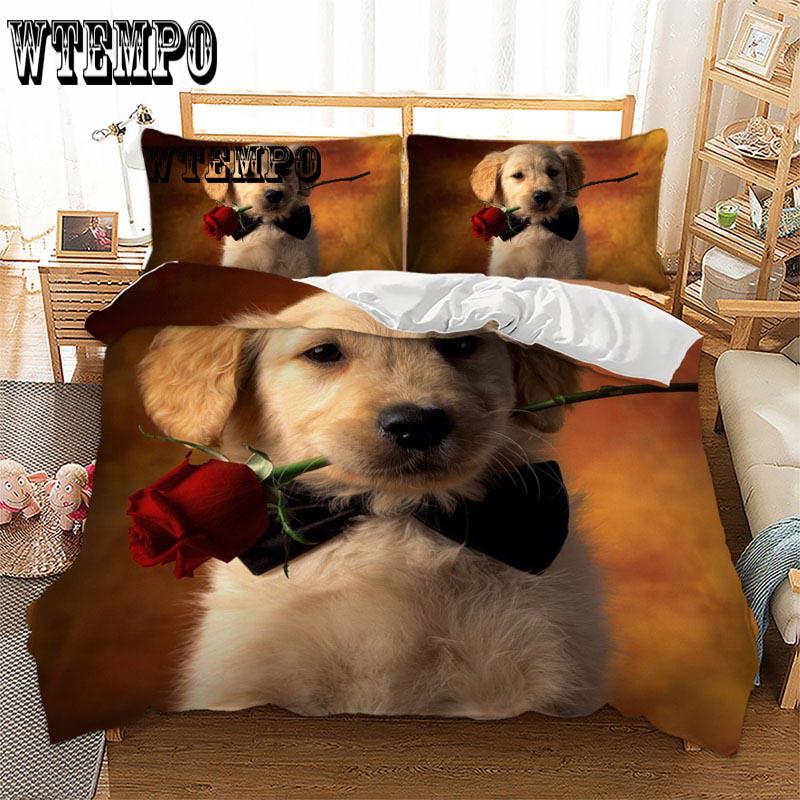 Fashion Cute 3D Cartoon Rose Dog Pattern Duvet Cover Set Bedclothes Pillow Cases Bedding Set