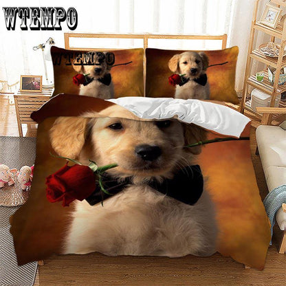 Fashion Cute 3D Cartoon Rose Dog Pattern Duvet Cover Set Bedclothes Pillow Cases Bedding Set