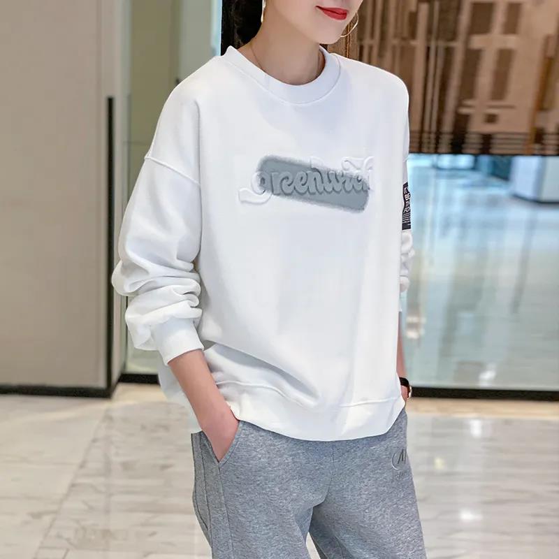 Vintage Women Sweatshirt Ultra Simple Sleeve Contrast Line Design Embroidery Crew Neck Loose Casual Sweatshirt