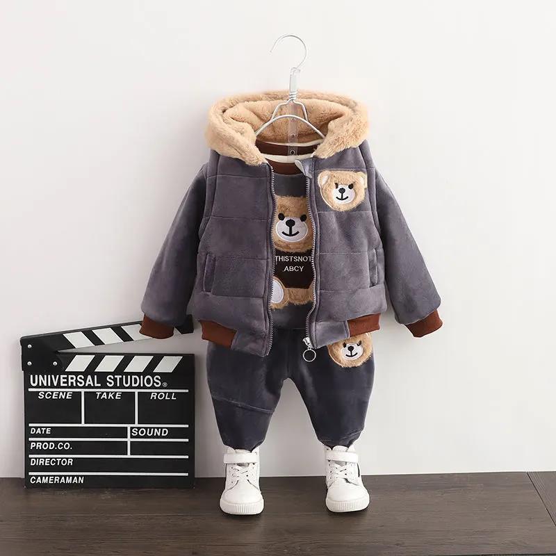 Boy's Autumn and Winter Plus Velvet Padded Cotton Three-piece Suit Baby Little Baby Warm Solid Color Fashion Cute Hooded Sweater Cotton Suit