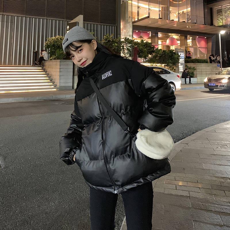 Winter Ins Loose Stitching Letter Printing Cotton-padded Jacket Women's PU Leather Stand-up Collar Warm and Windproof Bread Jacket