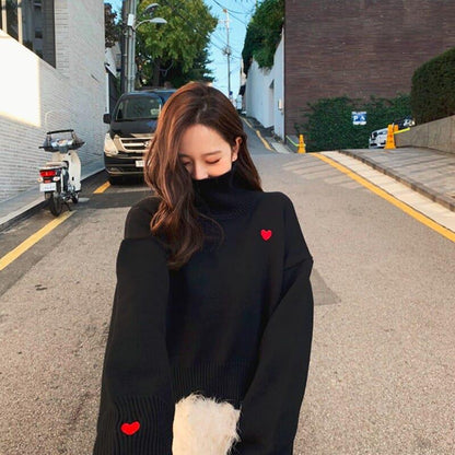 Winter High-neck Long-sleeved Love Warm Sweater Women Loose Lazy Knitted Pullover Sweater