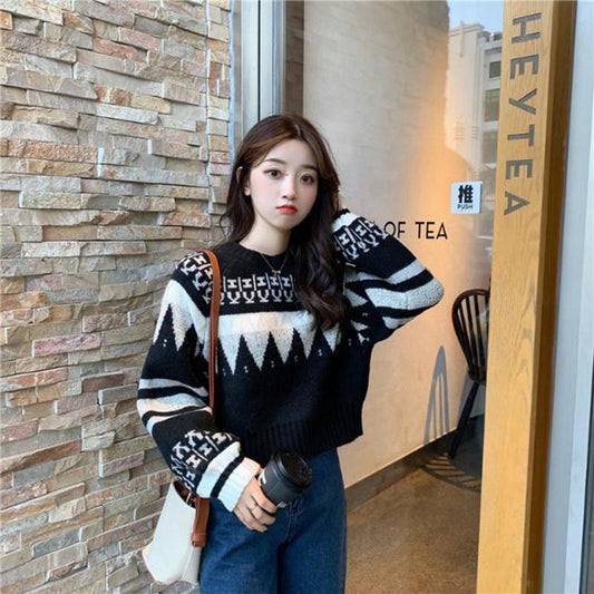 Autumn Winter Women  Fashion Sweater Casual Knitting Sweater Jacquard Round Neck Pullovers Loose Casual Long Sleeve Sweater