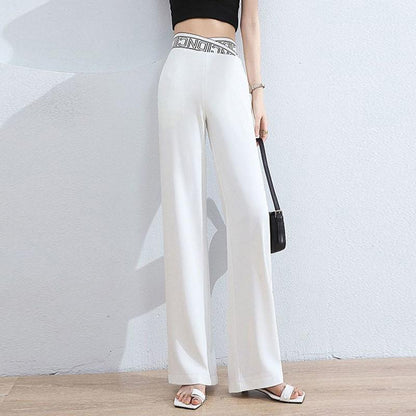Impermeable White Ice Silk Wide-leg Pants Female High-waist Drape Letter Waist Summer Loose and Thin Chiffon Straight Trousers