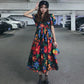 Cute Girl Puff Sleeve Dress Retro Print Long Loose Mid-length Skirt