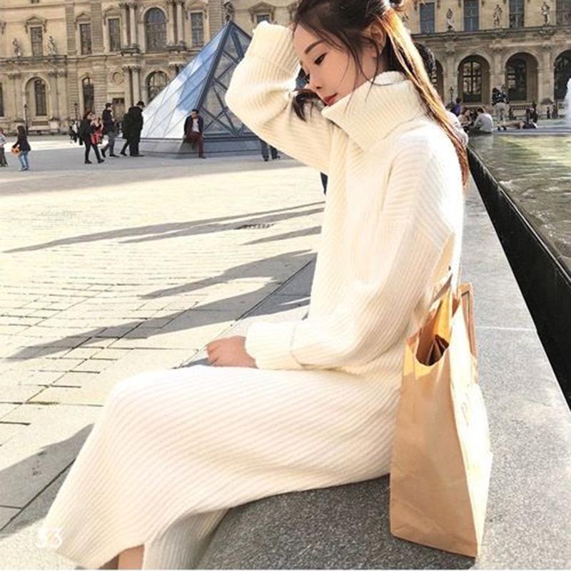 Fall/winter Turtleneck Pullover Skirt Over-the-knee Slim White Bottoming Skirt