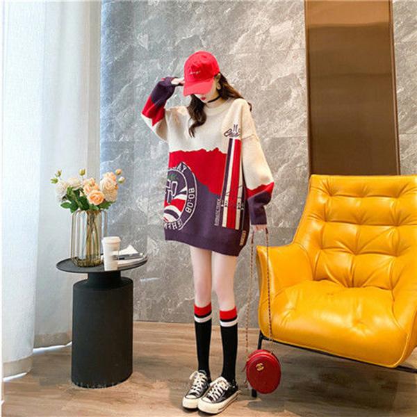 Autumn Loose Round Neck Pullover Sweater Women Mid-length All-match Knitted Top
