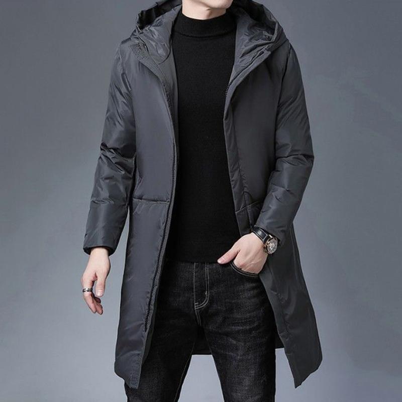 Winter Men's Down Jacket Mid-length Korean Style Slim Thick Hooded Warm Male White Duck Down Jacket