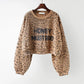 Women's Leopard Print Long Sleeve Sweater Autumn Korean Letter Print Loose Bottoming Shirt Short Round Neck Shirt
