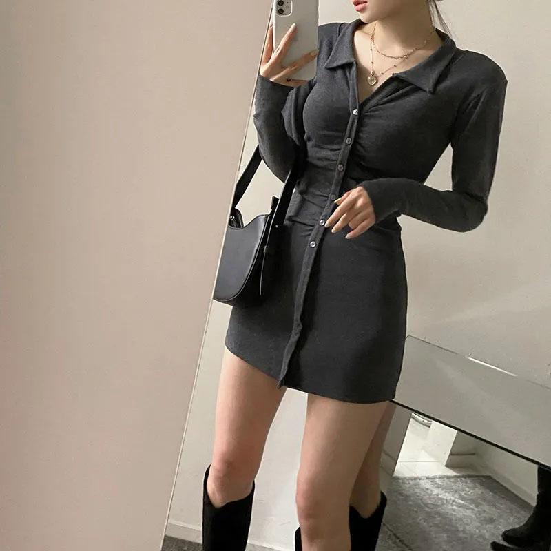 V-neck POLO Neck Slim-fitting Hip Short Skirt Women's Sexy Long-sleeved Button Pleated Dress Showing Breasts Femininity Solid Color
