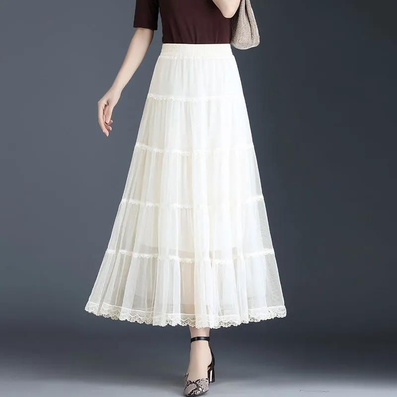 Three-layer Large Swing Mesh Skirt Women's Spring and Summer A-line Pleated Cake Skirt Lace Edge Drape Long Skirt Solid Color Gauze Skirt