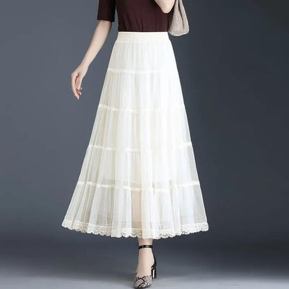 Three-layer Large Swing Mesh Skirt Women's Spring and Summer A-line Pleated Cake Skirt Lace Edge Drape Long Skirt Solid Color Gauze Skirt
