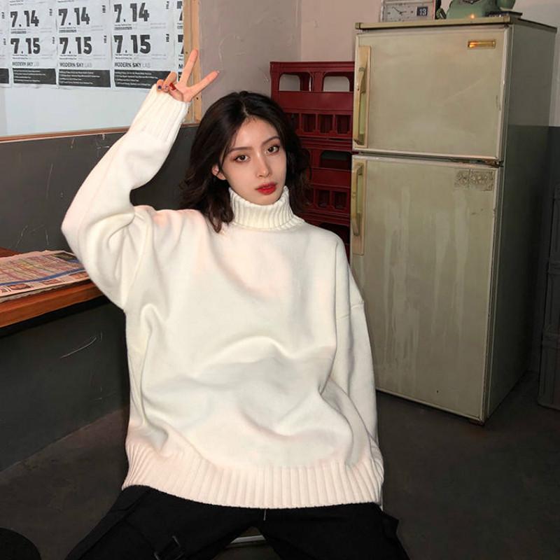 Pofulove Solid Color Thick Turtleneck Sweater Female Students Winter Lazy Wind Loose Pullover Knitted Jacket Wild Jacket